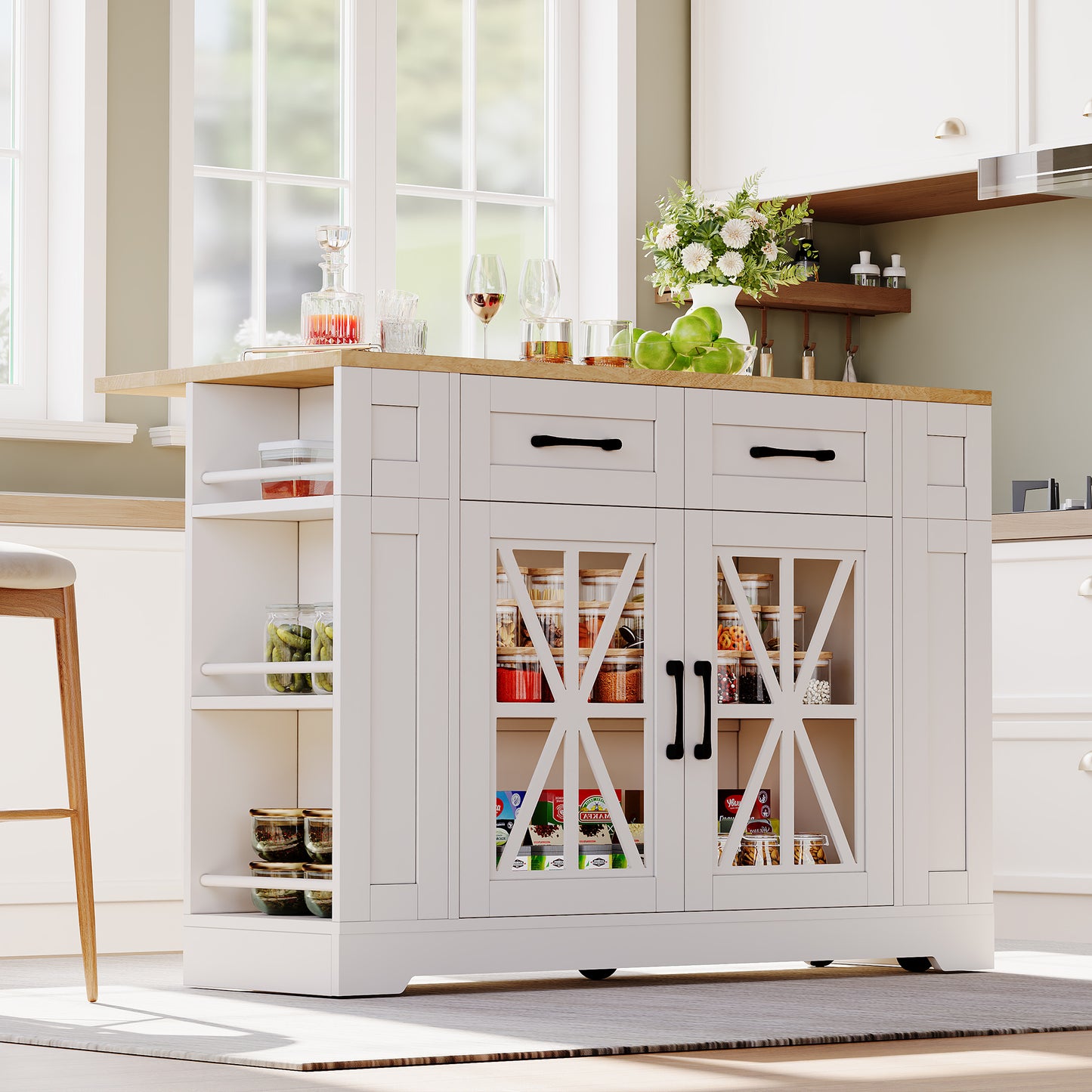 120cm Portable Kitchen Island With Folding Dining Table, Open Shelf, AC Port, USB Port, Glass Door, Adjustable Laminate, Casters With Brakes For Kitchen, Dining Room, Living Room And More.