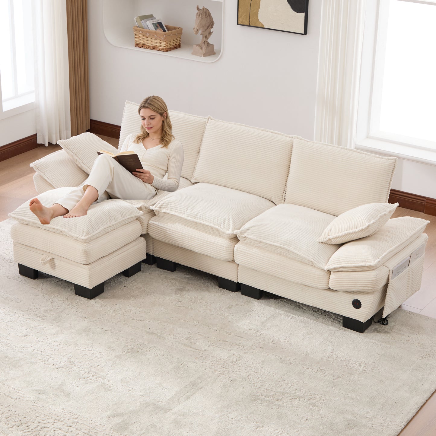 Modular 3-seater Corduroy Sofa  With 1 Stool Wide Seat, Ergonomic Design, High-density Foam Padding, USB-C Port And Side Pockets. Ideal For Living Room, Office Or Lounge.Beige