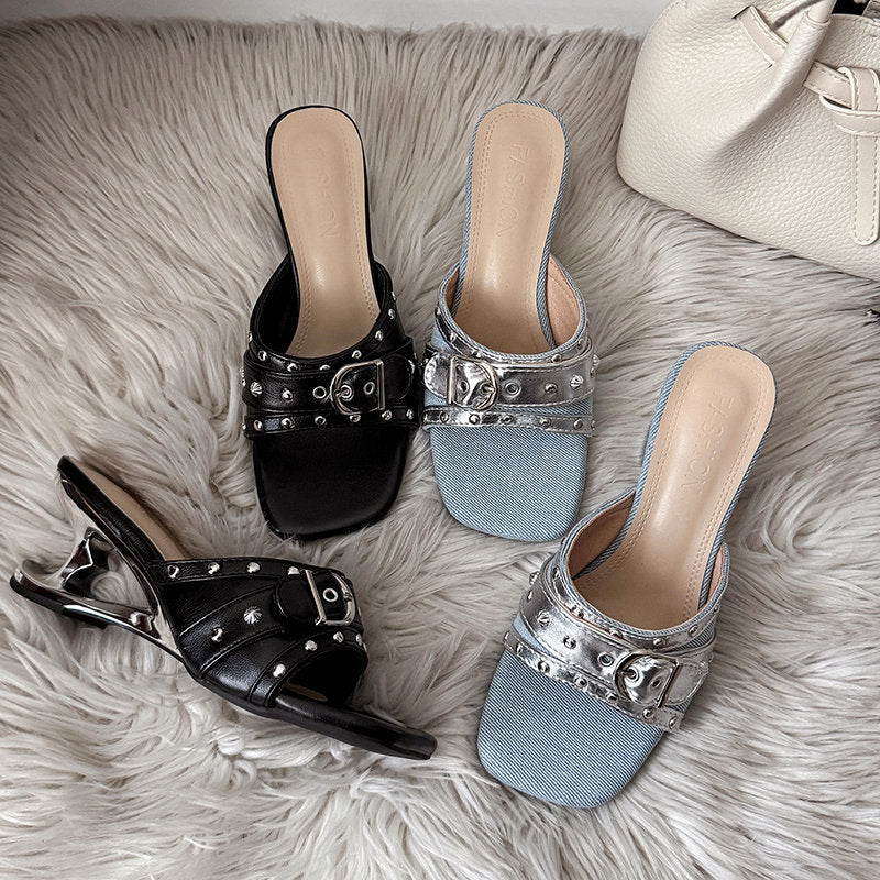 6cm Height Boost Denim Style Metal Buckle One-Strap Slide Sandals, 2026 New Arrival Women Outdoor Alien Heel Slide Sandals For Spring & Summer