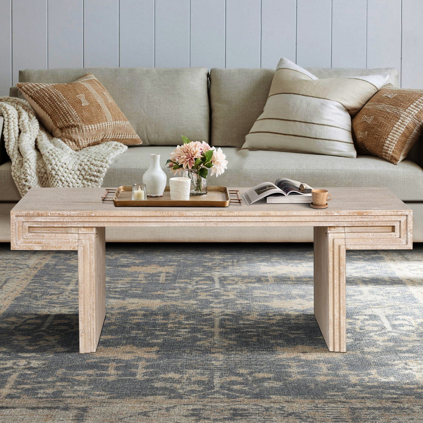 American Vintage Industrial Coffee Table, Premium Reclaimed Wood Texture Rectangular Design, Double-Tier Structure With Rustic Finish, Easy Assembly For Living Room & Office, Antique  Natural