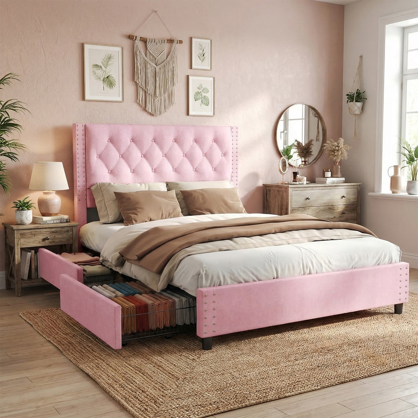 Queen Size Bed Frame With Upholstered Button Tufted Headboard Wood Slat Support Metal Platform Bed Frame With 4 Drawers No Box Spring Needed Easy Assembly For Home