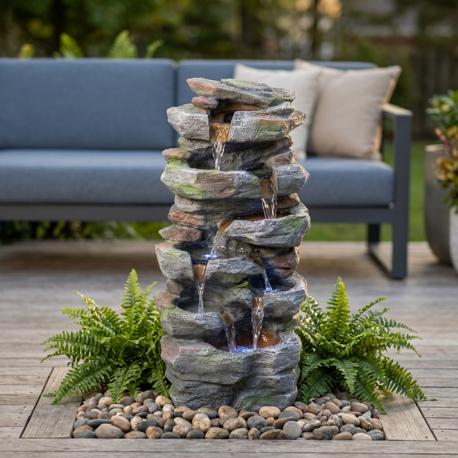 Rock Waterfall Outdoor Fountain With LED Lights Stone Garden Fountains Outdoor For Patio Lawn Cascading Tiered Outdoor Water Fountain