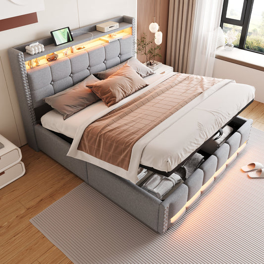 Upholstered Bed 160x200cm With LED Lighting And USB Socket, Headboard With Shelves And Storage Space, With Hydraulics For Storage, Adult Bed Double, Linen Fabric Light Grey