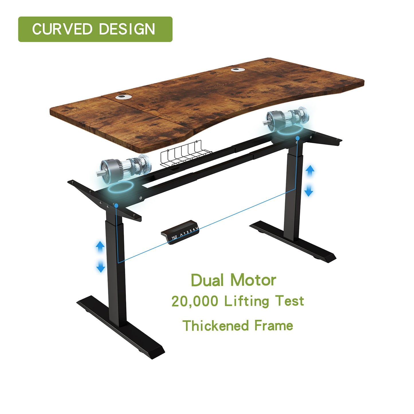 63x30 Dual Motor Curve Design Height Adjustable Electric Standing Desk Height Stand Up Computer Desk,Sit And Stand Home Office Desk With Splice Board Rustic Brown Desktop Dual Motor Black Frame