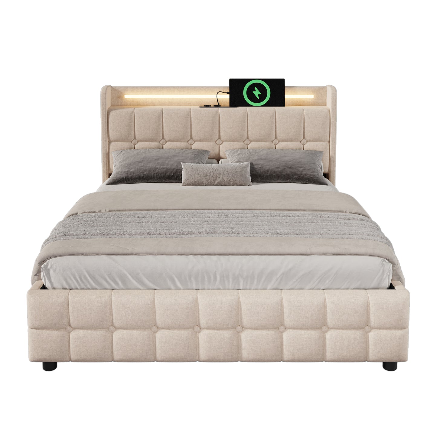 Upholstered Bed With Charging, USB Charging Function, Headboard And LED Lighting And 4 Drawers, Double Bed 160x200cm, Storage Beds, Bed Frame, Wooden Slatted Base, Beige  Without Mattress