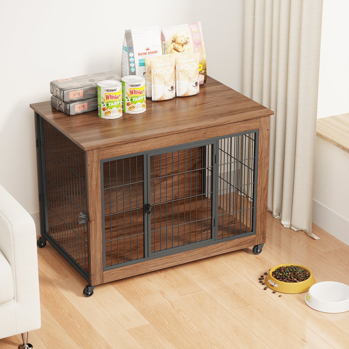 38.6 Dog Crate Furniture With Wheels For Small Dogs, Heavy Duty Dog Kennel Indoor With 2 Doors, Wooden Pet Cage End Table, Double-Doors Sturdy Metal Dog Cage For Anxiety Dog