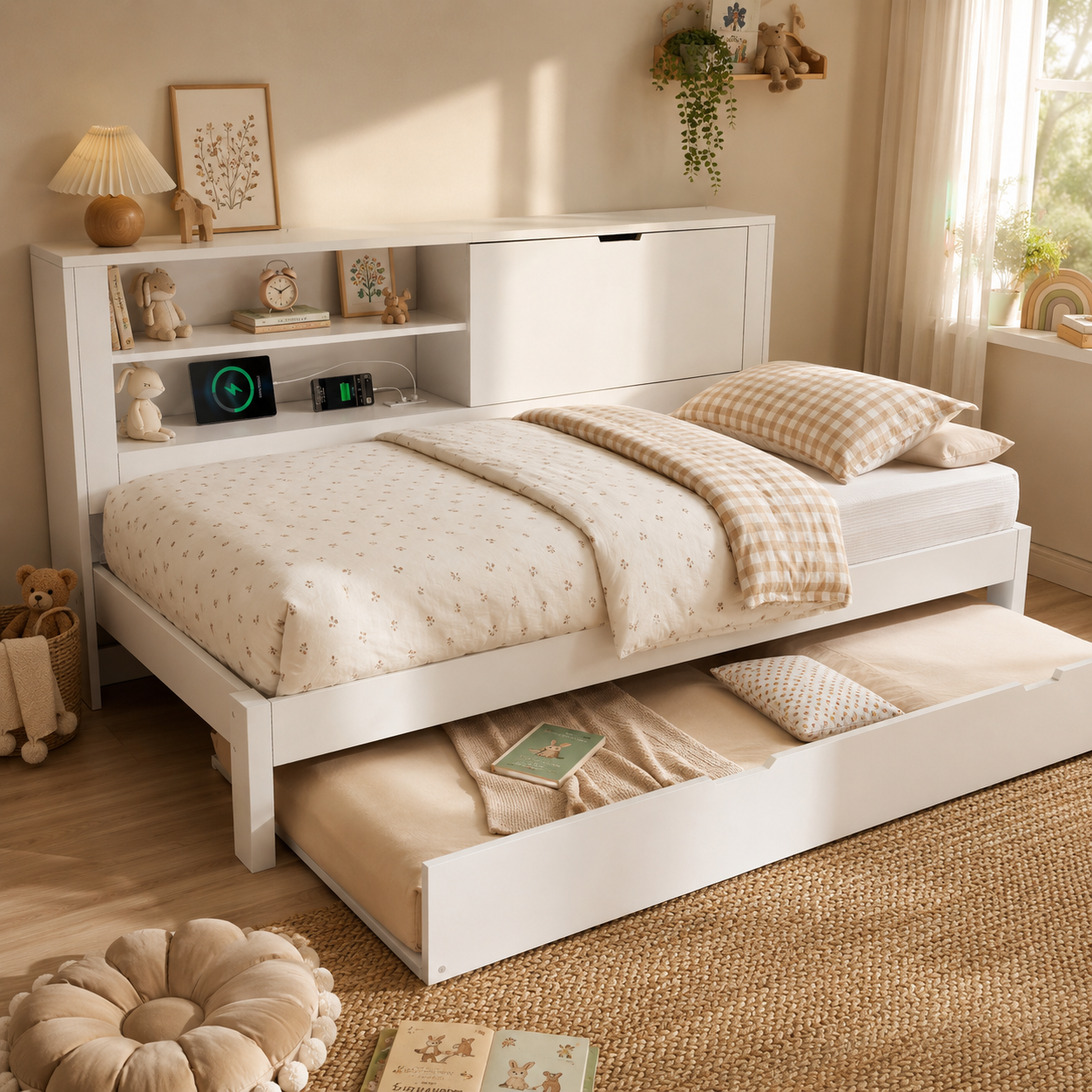 Sofa Bed Single Bed 90x190 Cm With Pull-out Bed 90x190, White Bed Frame With Storage Back Panel, Open Compartment, Concealed Folding Storage Space, USB-USB-C Charging Station, Slatted Base, Without Ma