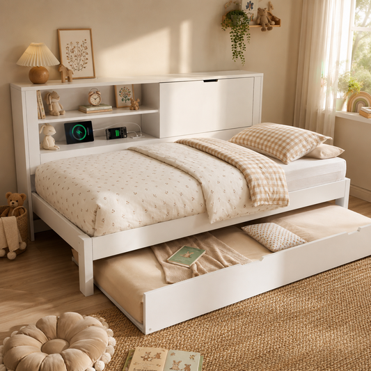 Sofa Bed Single Bed 90x190 Cm With Pull-out Bed 90x190, White Bed Frame With Storage Back Panel, Open Compartment, Concealed Folding Storage Space, USB-USB-C Charging Station, Slatted Base, Without Ma