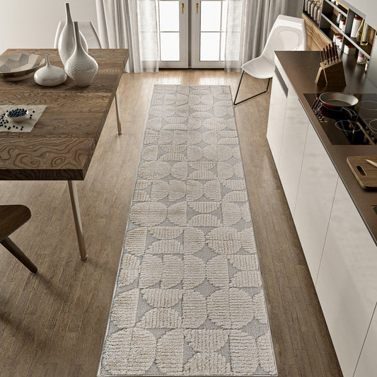 Step Collection High-Low Beige Indoor Runner Rug, 2'2''x8', Modern, Contemporary, Geometric, Bohemian, Bedroom, Kitchen, Living Room, Hallway, Non Shedding Carpet