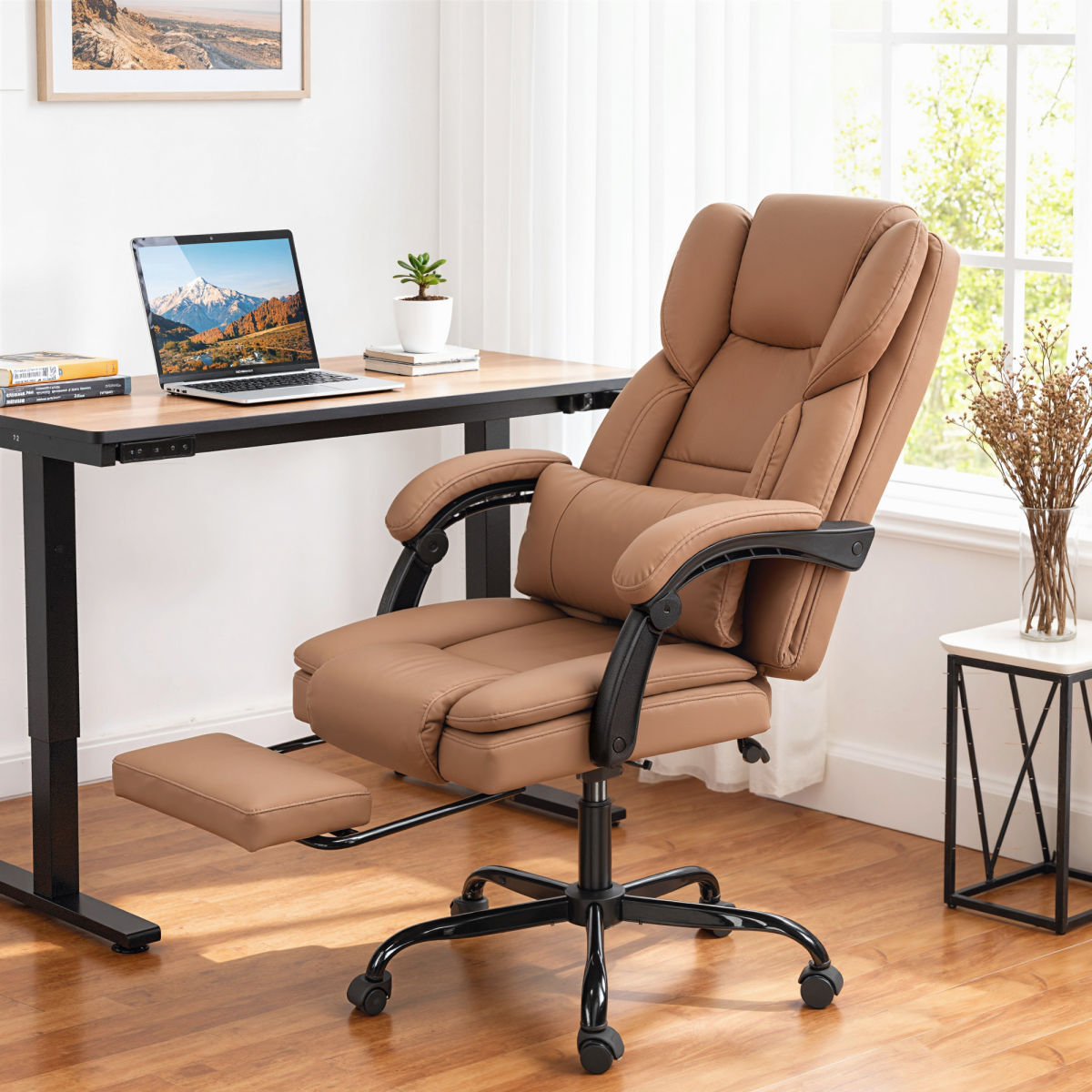 Office Chair with Massage, Pet-Friendly Faux Leather Reclining Desk Chair with Lumbar Support, Footrest, Brown