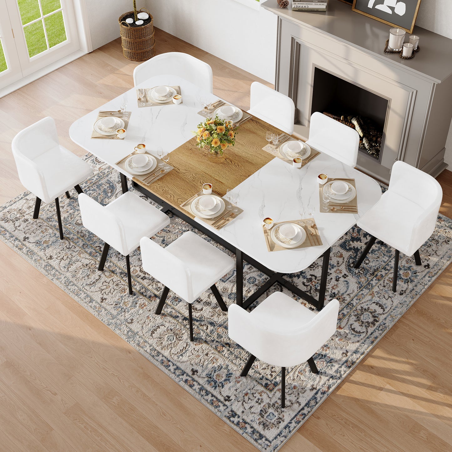 9-Piece Square Dining Table Set, Fixed White Faux Marble & Wood Grain Triamine Tabletop With 8 White Faux Leather Chairs, Modern Kitchen Table Set For 8 People, Ideal For Family Gatherings