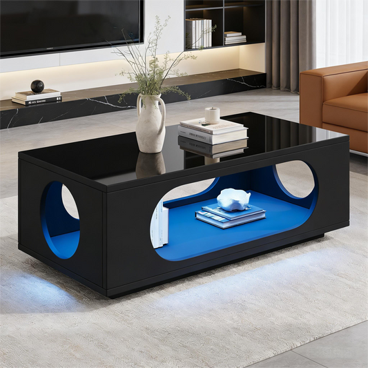 Coffee Table With LED Lighting  App Control , 100x50x35cm, MDF Material, 30kg Load Capacity,High Gloss Openwork Coffee Table,Large Storage Side Table,Sofa Table,Black