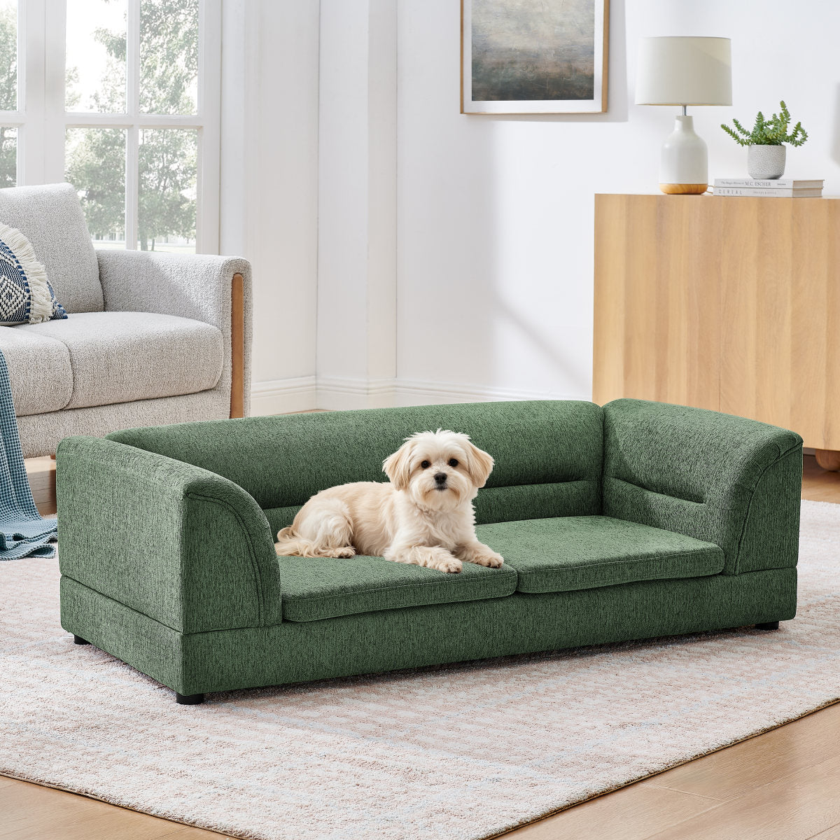 Oversized Pet Sofa, Curved Armrest Rectangular Dog Sofa, Linen Fabric Comfort Pet Couch for Large & Oversized Dogs-Olive Green