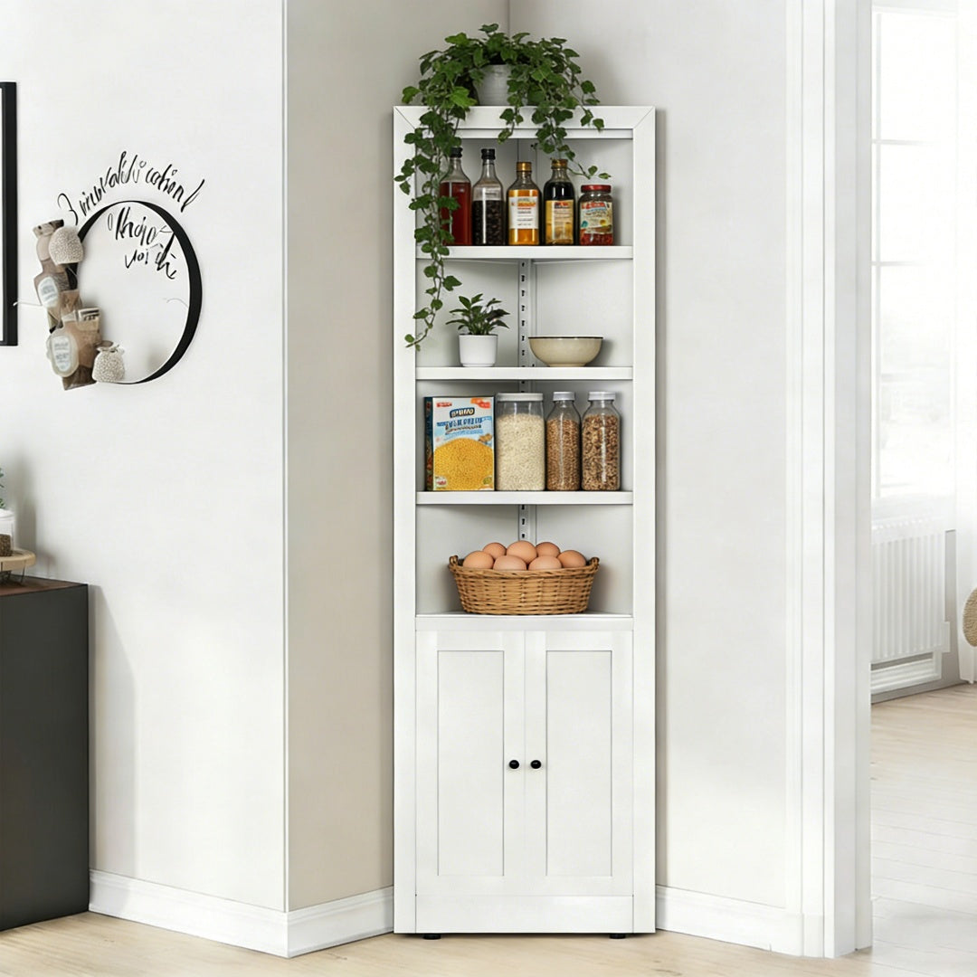 71in Tall Corner Storage Cabinet With 2 Doors, 5-Tier Metal Cabinet With Adjustable Shelves, Freestanding Kitchen Storage For Pantry, Living Room, Bathroom, Laundry Room, Space Saving Furniture, White