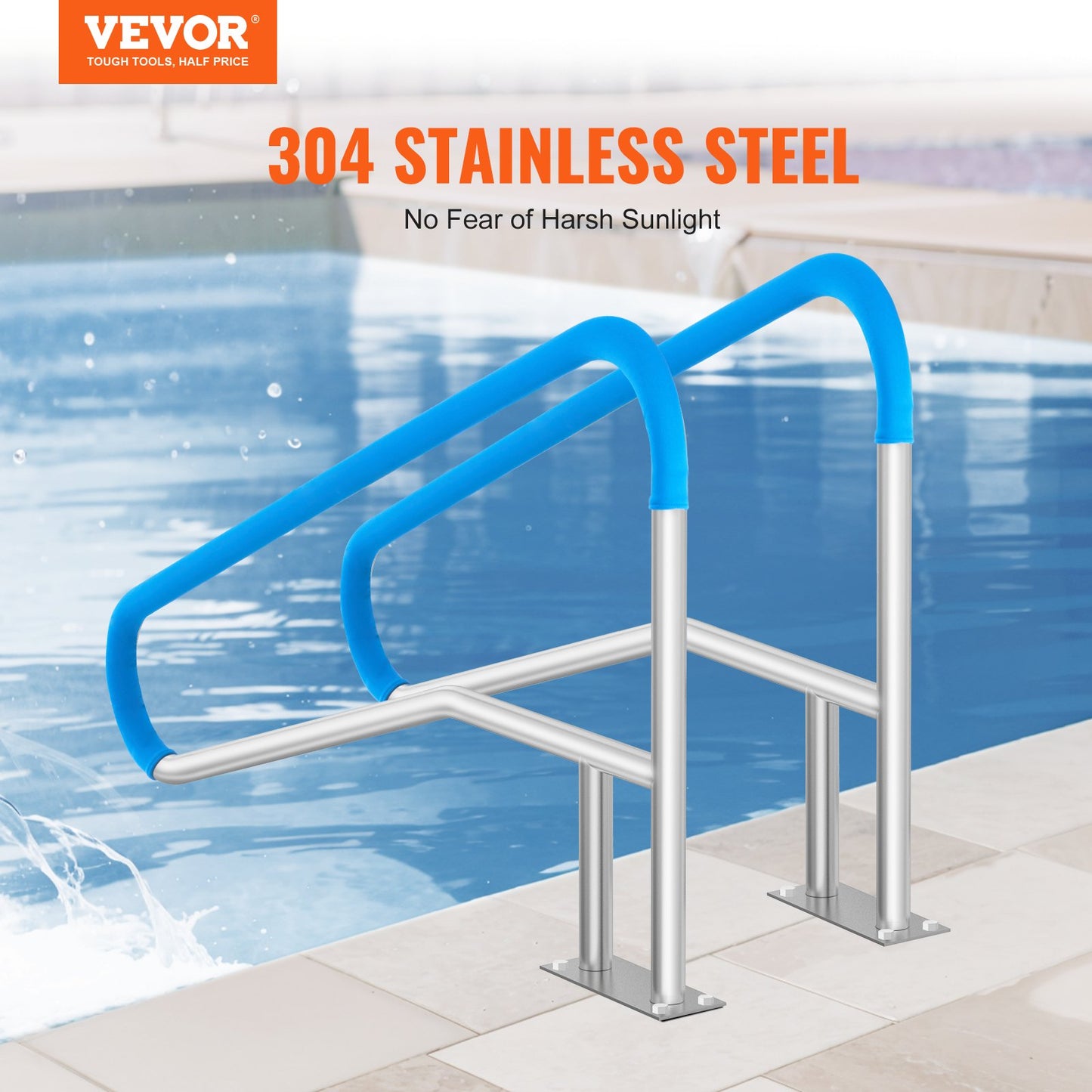 Pool Handrail, 2 PCS 55 X 32 Inch Railing, Stainless Steel With Base Plate For Indoor/Outdoor, Rust-Proof Grab Bar W/Grip Cover&Accessories For Decks/Spas