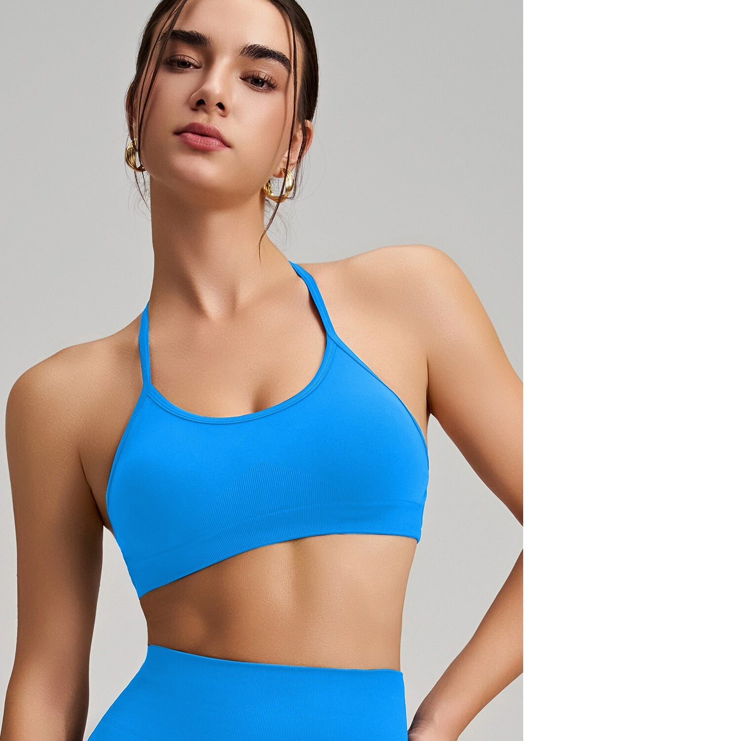 Women's Seamless Thin Strap Cross Back Yoga Outfit Set, Quick-Dry Tight Sports Fitness Bra For Running