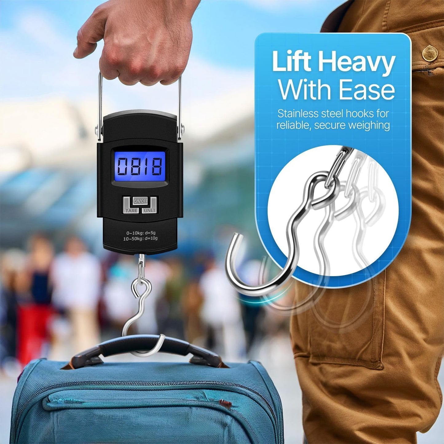Digital Hanging Scale 110lb 50kg Portable Luggage Fish Scale With Tare, Backlit LCD, Steel Hook, Tape, Multi Unit Kg Lb Oz Jin, Batteries Included. Great For Travel, Fishing, Home, Farm, Hunting