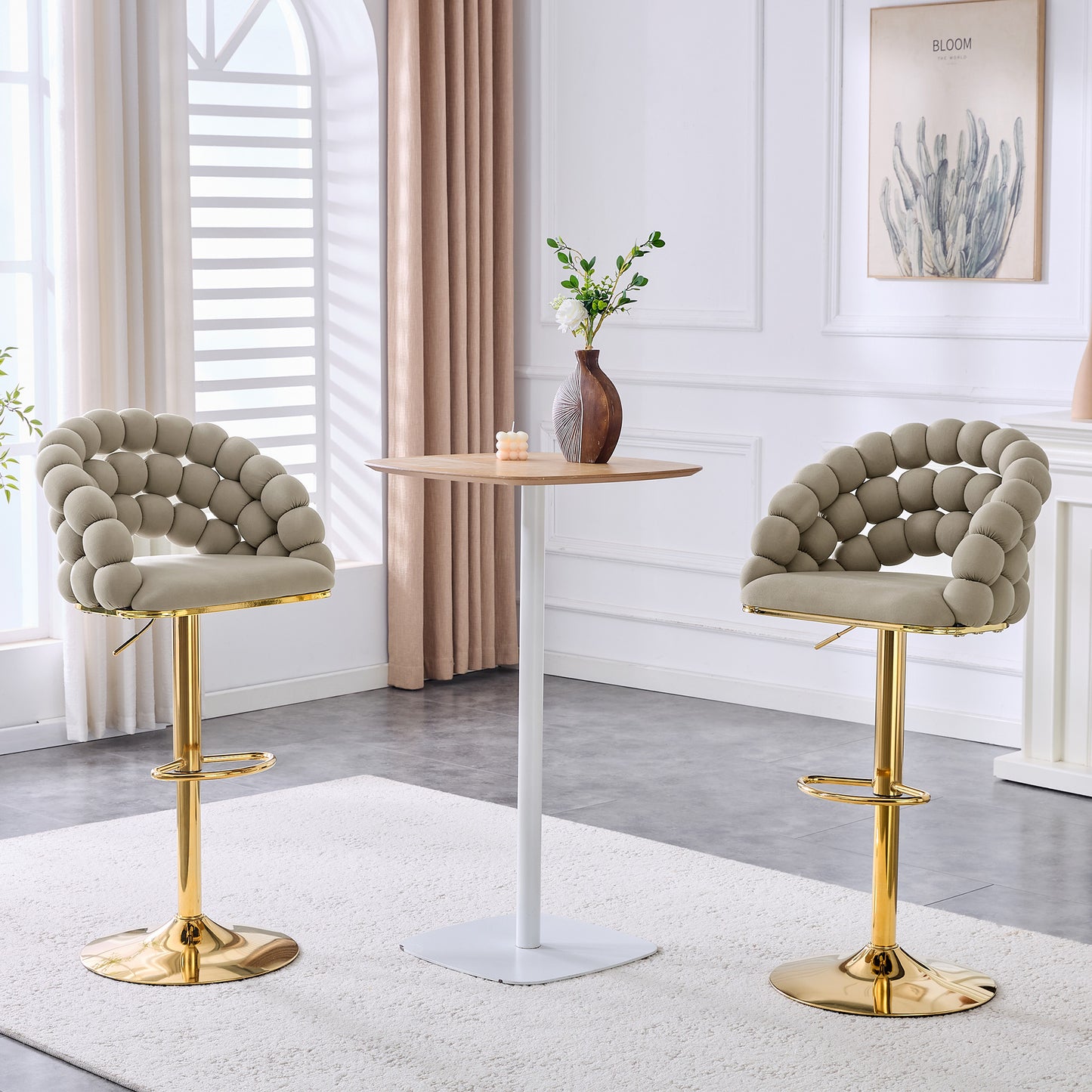 Grey Velvet Bar Stools Set Of 2  Ball Chain Backrest, Gold Plated Adjustment Frame, Stylish For Kitchen Island, Home Bar & Dining Area