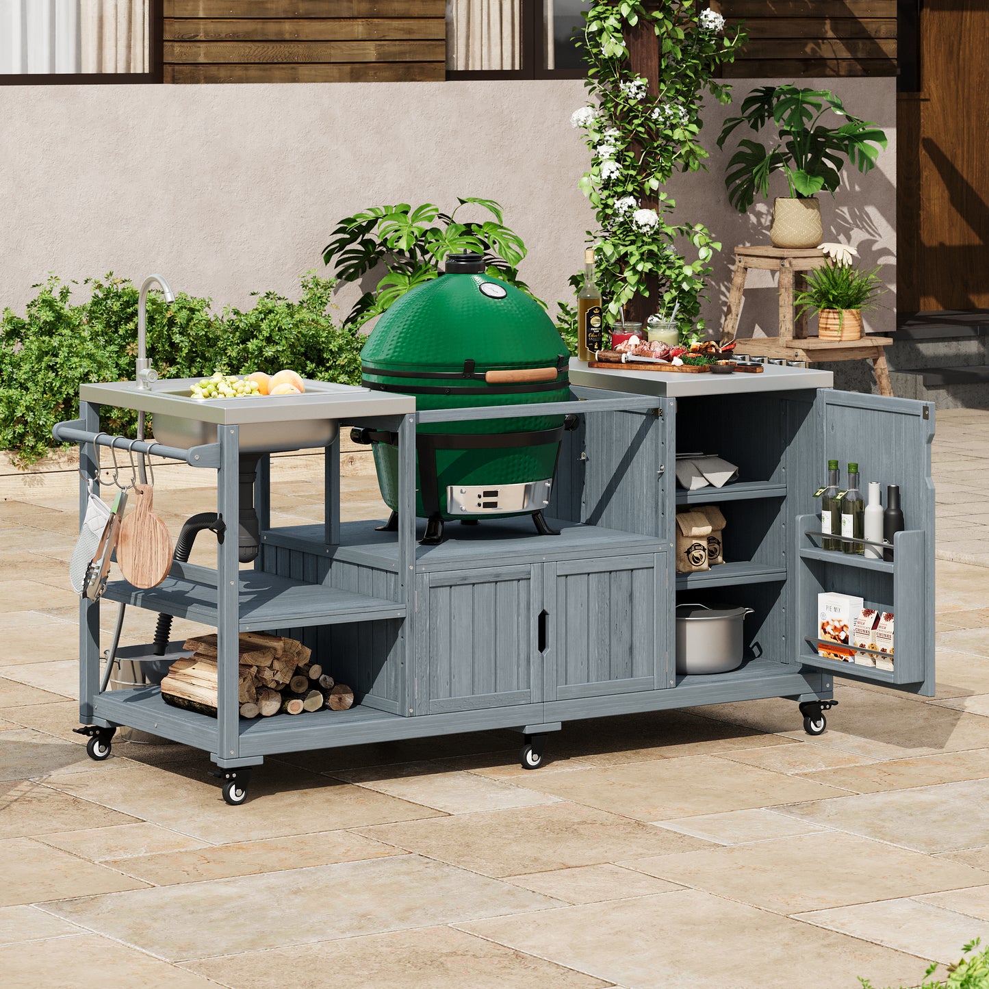 K&K 75.4  Outdoor Kitchen Island With Sink, Solid Wood Outdoor Grill Cart For XL Green Egg Grills, Rolling Outdoor Bar Cart With Stainless Steel Top, For Pizza Prep & BBQ, Grey Blue
