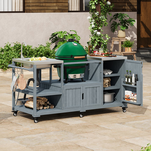 K&K 75.4  Outdoor Kitchen Island With Sink, Solid Wood Outdoor Grill Cart For XL Green Egg Grills, Rolling Outdoor Bar Cart With Stainless Steel Top, For Pizza Prep & BBQ, Grey Blue