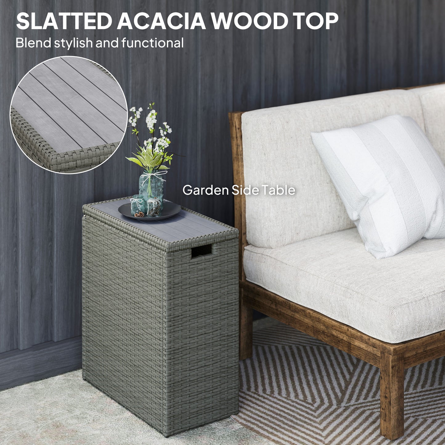 17-Gallon Small Deck Box, Wicker Outdoor Storage Box with Acacia Wood Top for Patio Cushions and Garden Tools, Gray