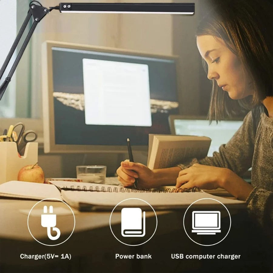Double-Head Led Desk Lamp Swing Arm Clamp Folding Dimmable Adjustable Brightness