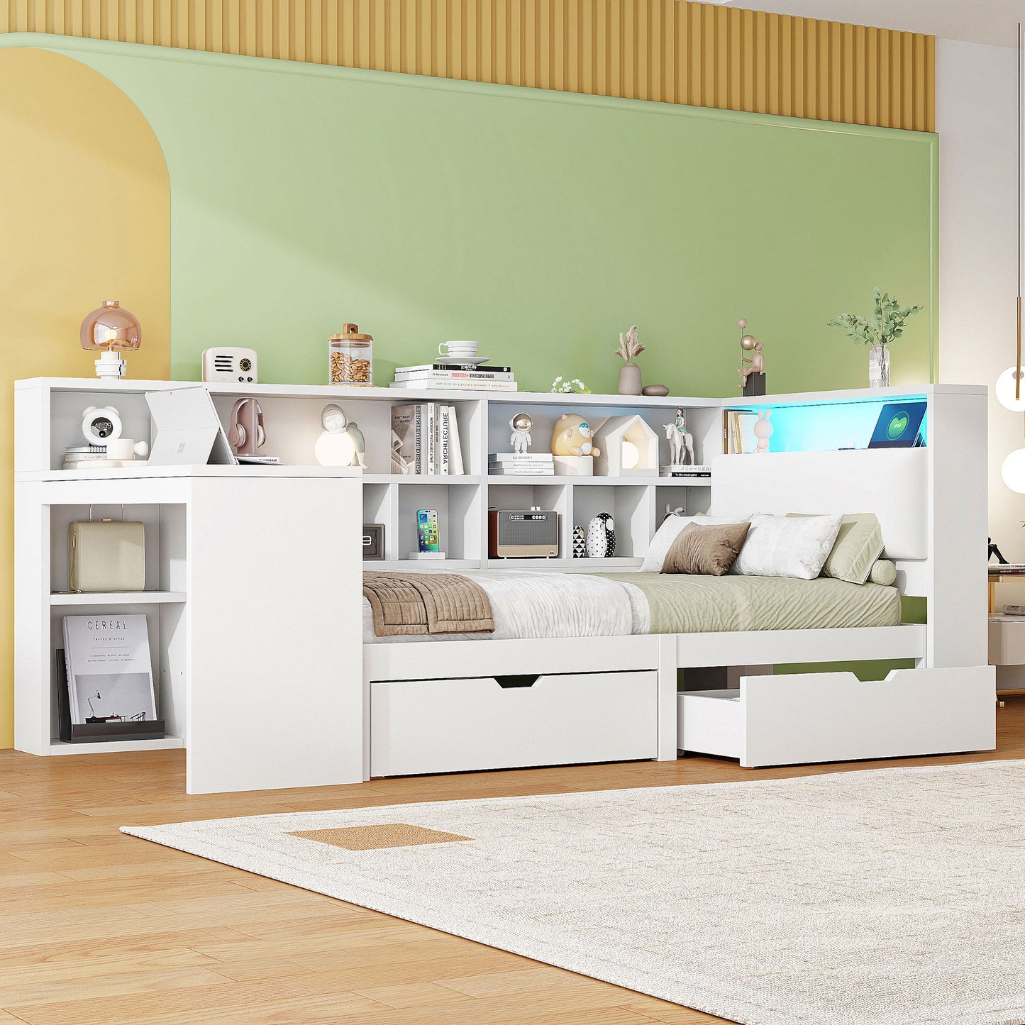 90x200 L-Shaped Wooden Platform Bed With Desk And Bookcase, Corner Captain's Bed With Upholstered Headboard, Under-Bed Drawers, LED Light - White