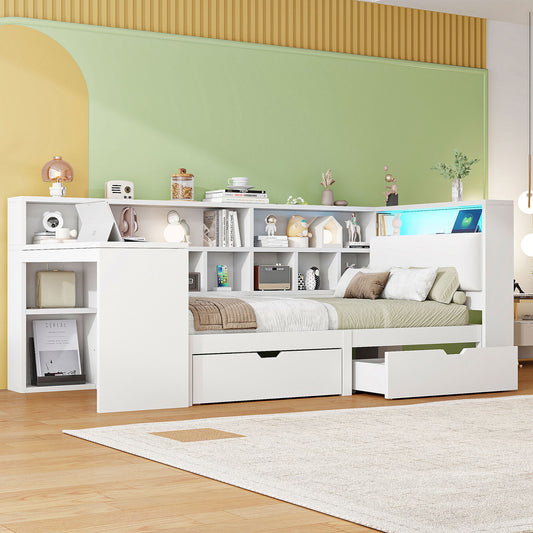 90x200 L-Shaped Wooden Platform Bed With Desk And Bookcase, Corner Captain's Bed With Upholstered Headboard, Under-Bed Drawers, LED Light - White