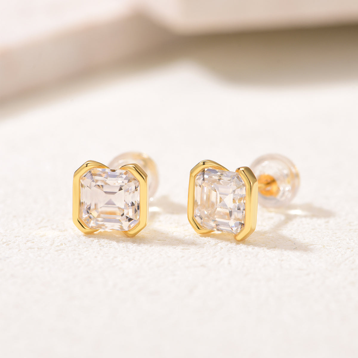 S925 Sterling Silver Asscher Cut Stud Earrings, 6x6mm D-VVS1 Moissanite Half-Bezel Setting, Platinum Plated 2g Women's Jewelry Gift Box