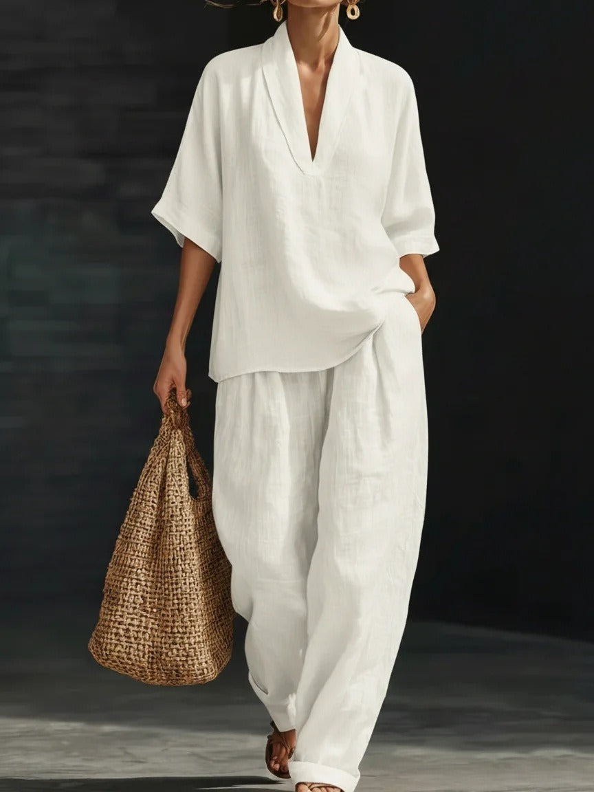 2026 Hot Sale Spring Summer Women's Set, Fashion V-Neck Short Sleeve Loose Top With Pocket Pants