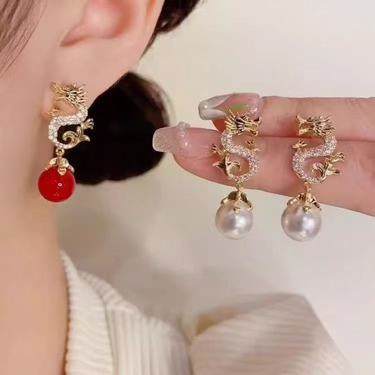 Women's Red Bead Pendant Dangle Earrings, Festive New Year Ear Jewelry, Niche Designer High-End Temperament Stud Earrings