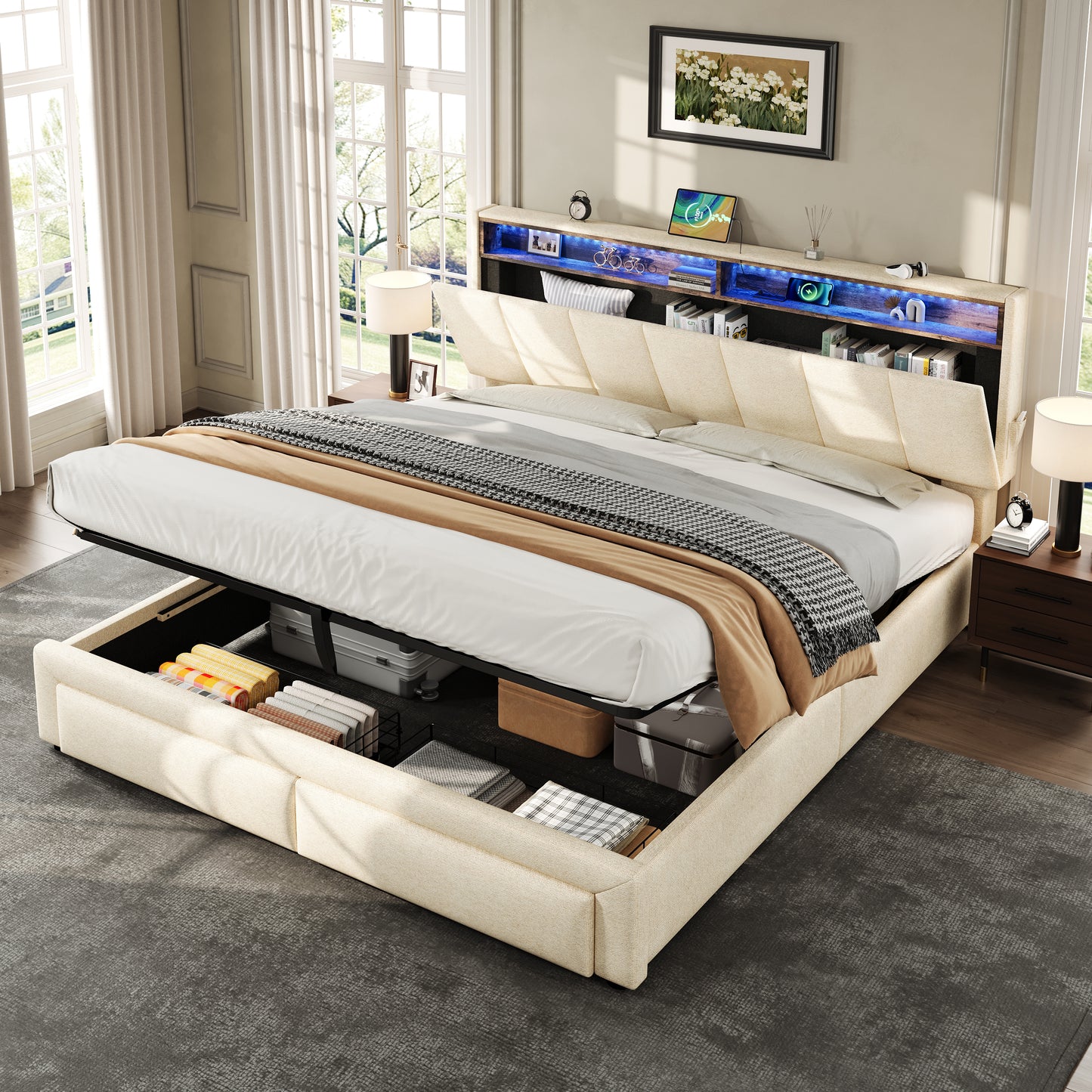 5ft King Upholstered Bed Frame With Hydraulic And Drawers Storage, LED Adjustable Headboard With Charging Station And Concealed Headboard Storage, Linen, No Box Spring Needed,Beige No Mattress