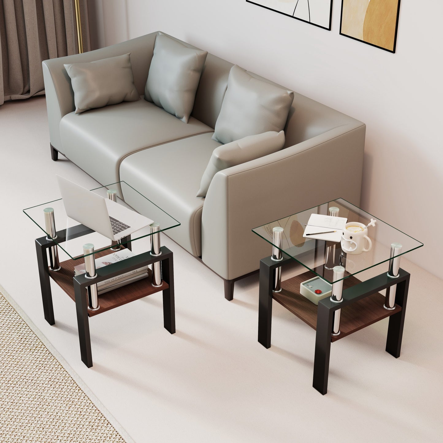Set Of 2 Modern Tempered Glass Tea Table,Tempered Glass Tabletop With MDF Layer,Coffee Table,End Table, Square Table For Living Room, Transparent Black