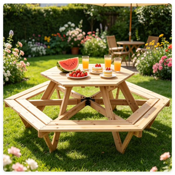 6-Seat Hexagonal Kids Picnic Table With Umbrella, Solid Fir Wood Outdoor Table & Bench Set For Backyard Garden, Age 3-8