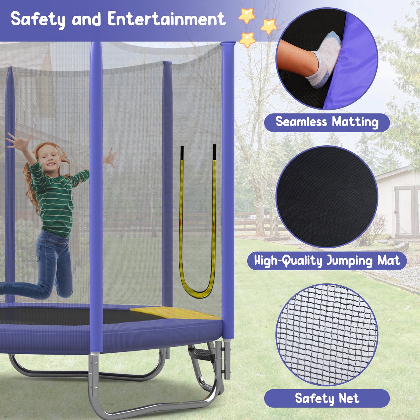 7FT Trampoline For Kids With Safety Enclosure Net, Slide And Ladder, Easy Assembly ,Regular Hexagon Outdoor Recreational Trampoline, Purple