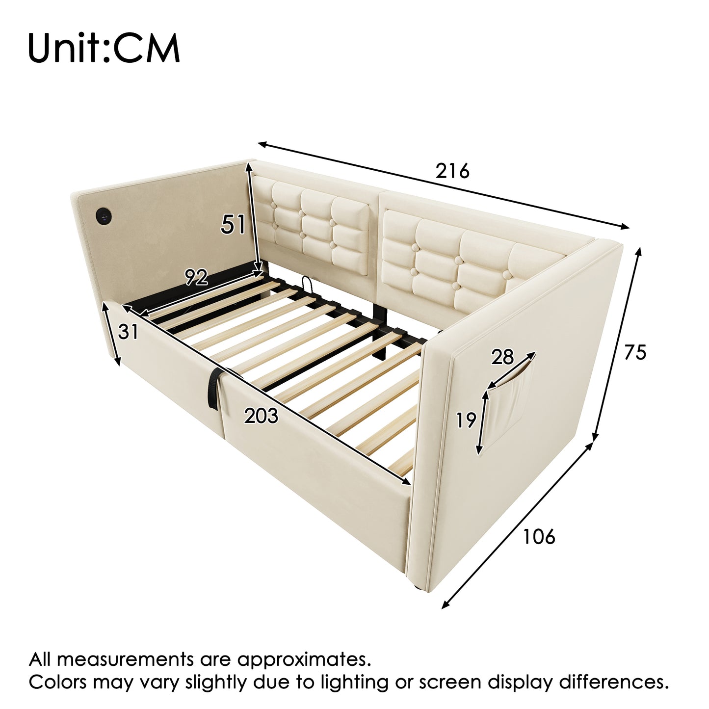 Upholstered Sofa Bed 90x200 Cm, Single Bed Sofa Bed With Hydraulic Storage And USB & Type-C Charging Station, Guest Bed With Wooden Slatted Base, Beige, Velvet, Without Mattress.