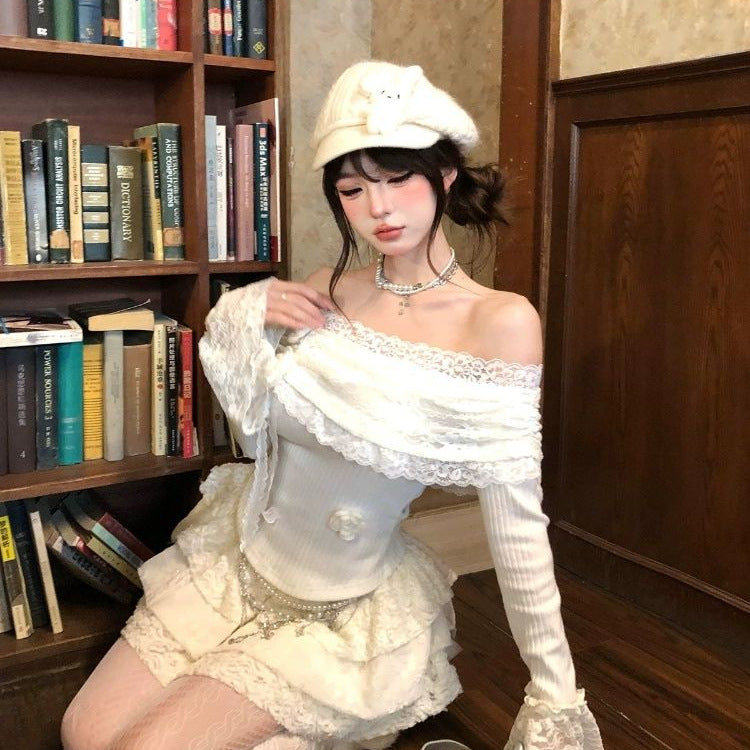 Korean-style Lace Floral Sweet And Spicy Long-sleeved Base Shirt