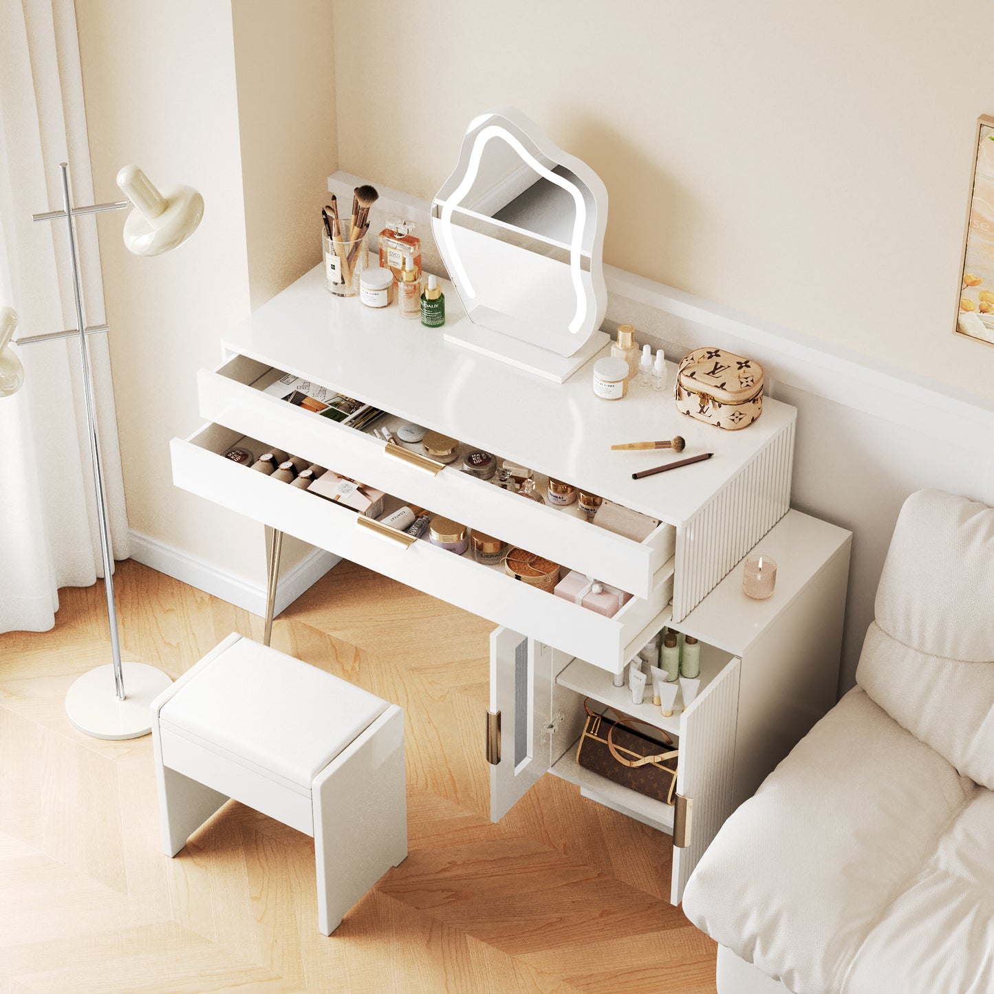 Makeup Table With LED Illuminated Mirror, White Makeup Table Set With Extendable Design, Modern Cosmetics Table For The Bedroom Dimensions B100-H78-T40 Cm Without Stool  Old Sku RN3190845AAW