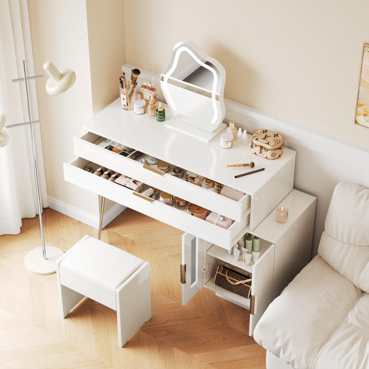 Makeup Table With LED Illuminated Mirror, White Makeup Table Set With Extendable Design, Modern Cosmetics Table For The Bedroom Dimensions B100-H78-T40 Cm Without Stool  Old Sku RN3190845AAW