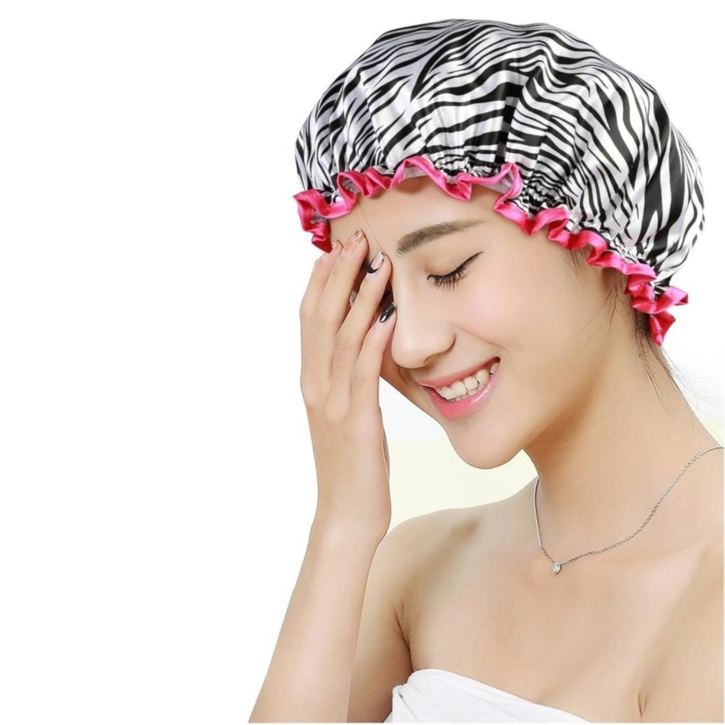 Set Of 4 Shower Caps – Pink & Yellow Polka Dots, Leopard And Zebra Patterns For Women – Party Supplies Set