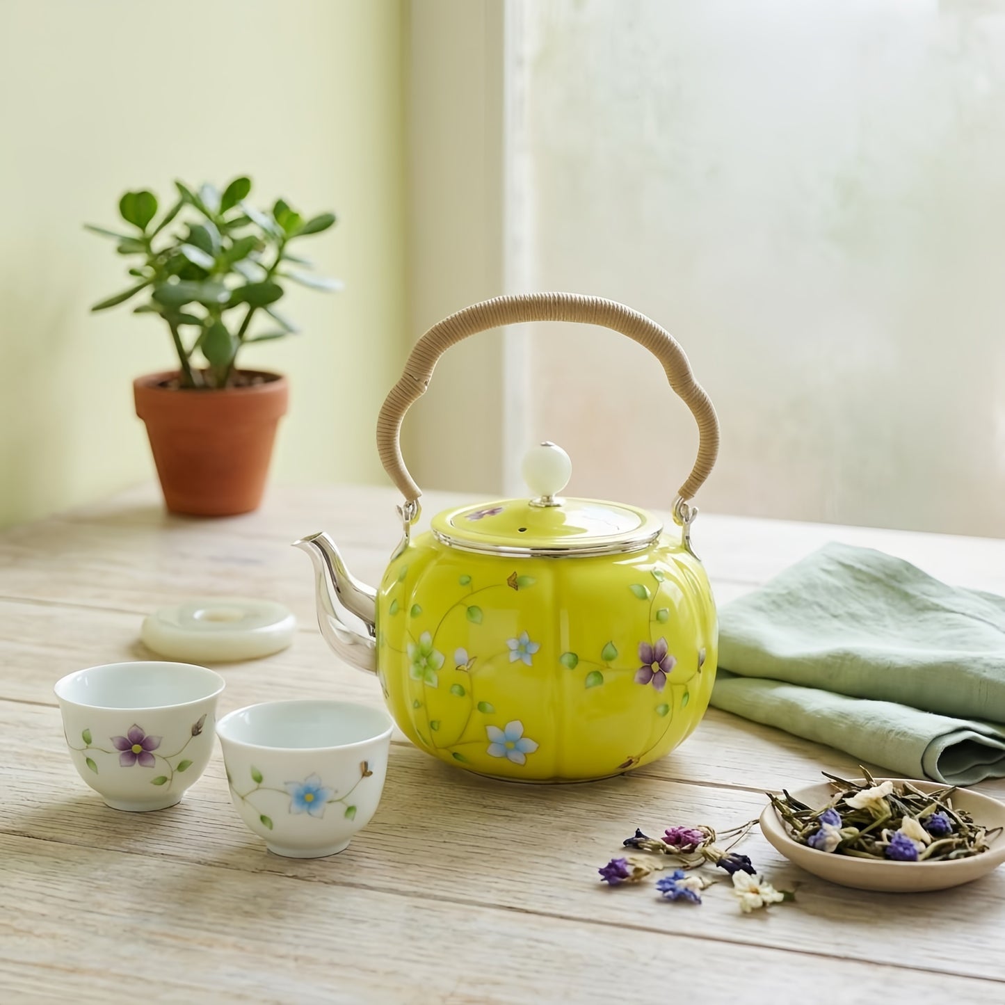 925 Sterling Silver Elegant Hand-Painted Floral Enamel Tea Kettle with Woven Fiber Handle - Handicraft