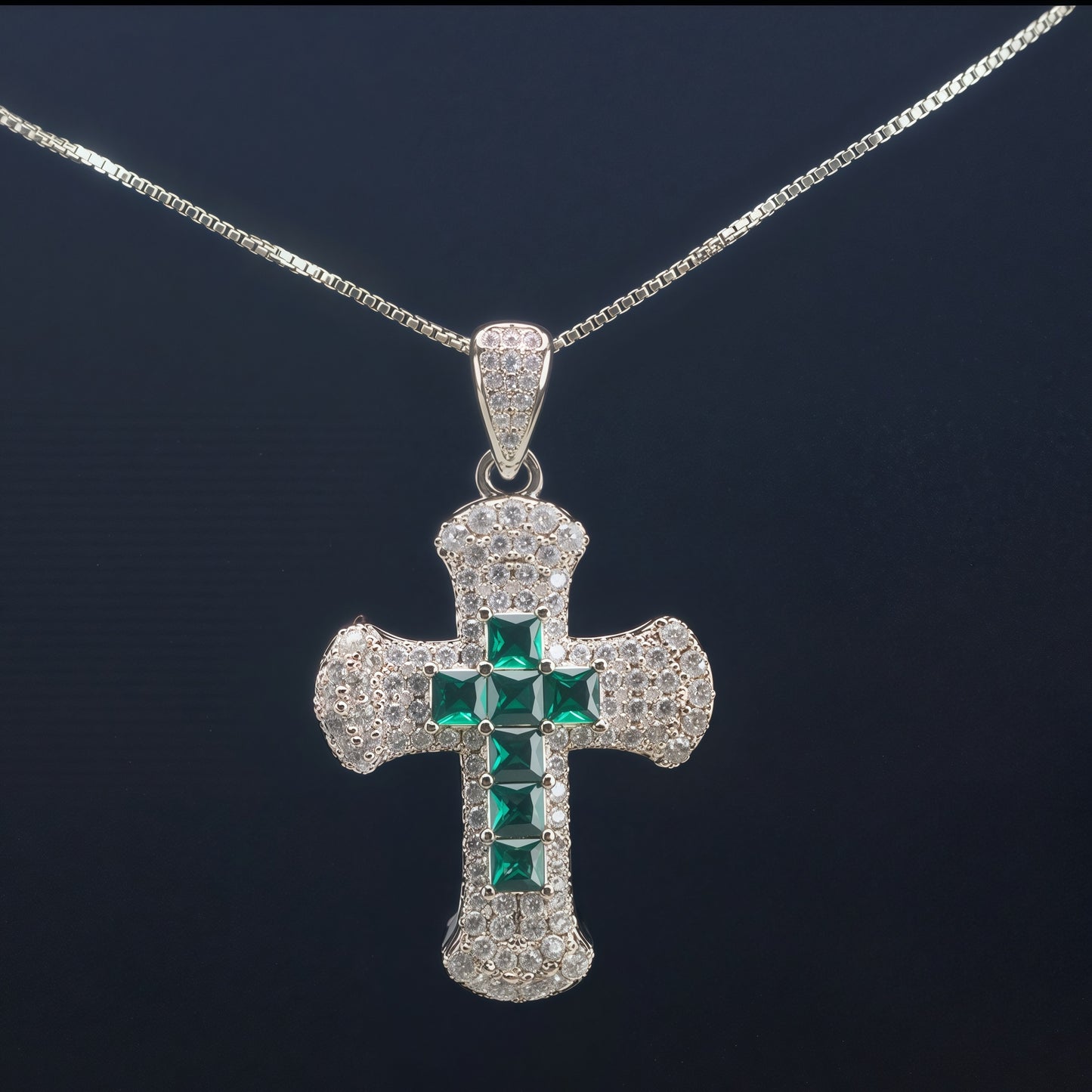 Princess Cut Emerald Green CZ Center Cross Pendant Necklace For Women, Copper Plated Silver Full Pave White Cubic Zirconia Religious Faith Christian Jewelry Gift