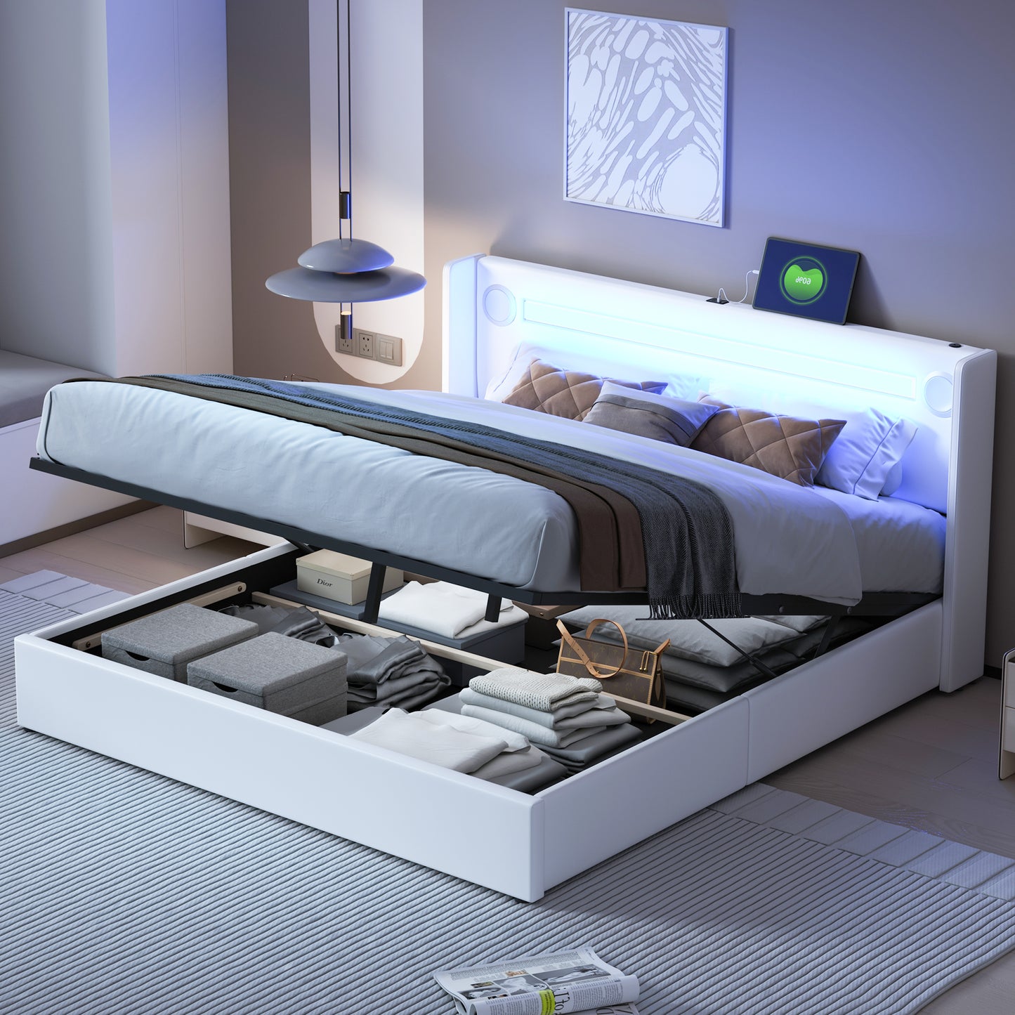 Upholstered Bed 160x200 Bed With LED Light Strip, Bluetooth Player And USB Charging, Storage Bed Made Of PU Leather, Loft Bed Box, Double Bed With Slatted Base White