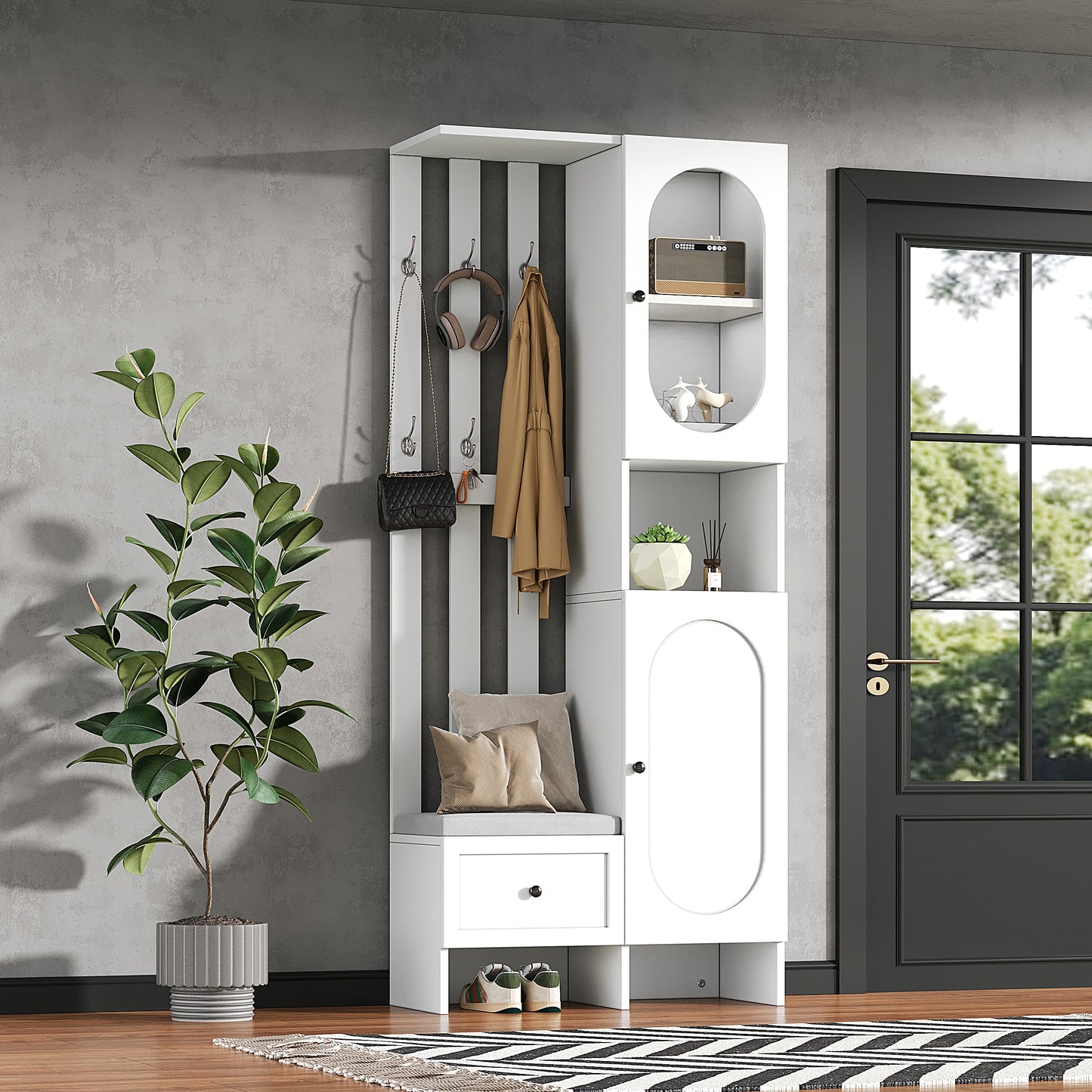 85x33.5x200cm Compact Wardrobes,Home Furniture With 2 Cabinets,Tempered Glass Storage Cabinet, Wardrobe Set White Entrance Cabinet, Coat Rack With Shoe Bench And Upholstery