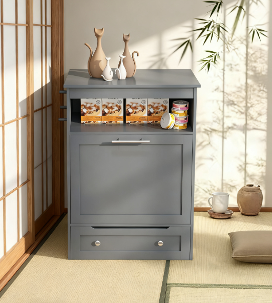 Pet Feeder Station Storage Cabinet, With Dog Raised Bowls, Gray