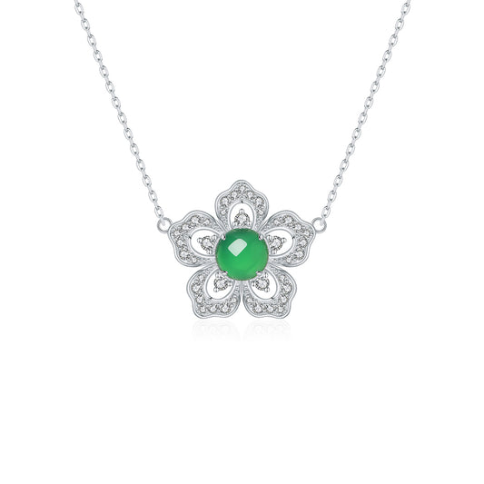 S925 Sterling Silver Flower Clover Necklace, 8mm Round Green Chrysoprase Pendant, Platinum Plated 45cm Chain, 4.5g Elegant Women's Jewelry Gift Set