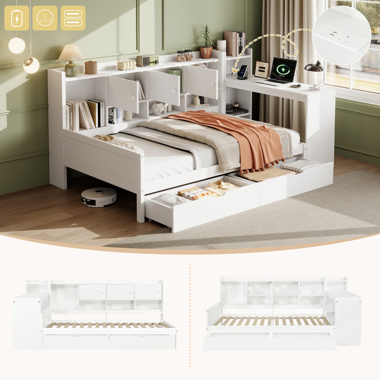 3ft Single Daybed With Storage Drawers And Bookcase, Modern Bed Frame With Charging Station And Integrated Desk, Wood Bed For Living Room Bedroom Study Room, Two Assembly Methods, White No Mattress