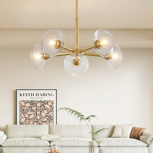 26  Modern Gold 5-Light Sputnik Chandelier With Clear Glass Shades, Mid-Century Hanging Pendant Light Fixture For Dining Room, Living Room, Or Kitchen Bulb Not Included