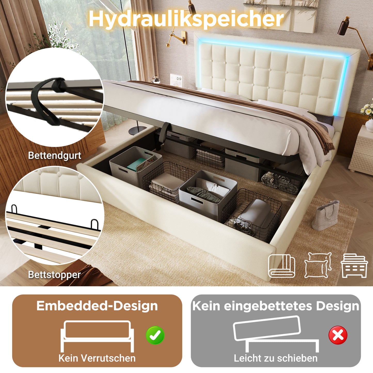 061415AAW Upholstered Bed With Slatted Frame And Storage Space Double Bed Incl. LED Lighting Strip Bed Frame 160x200cm, Storage Bed Functional Bed Cover Made Of Imitation Leather White, Without Matt