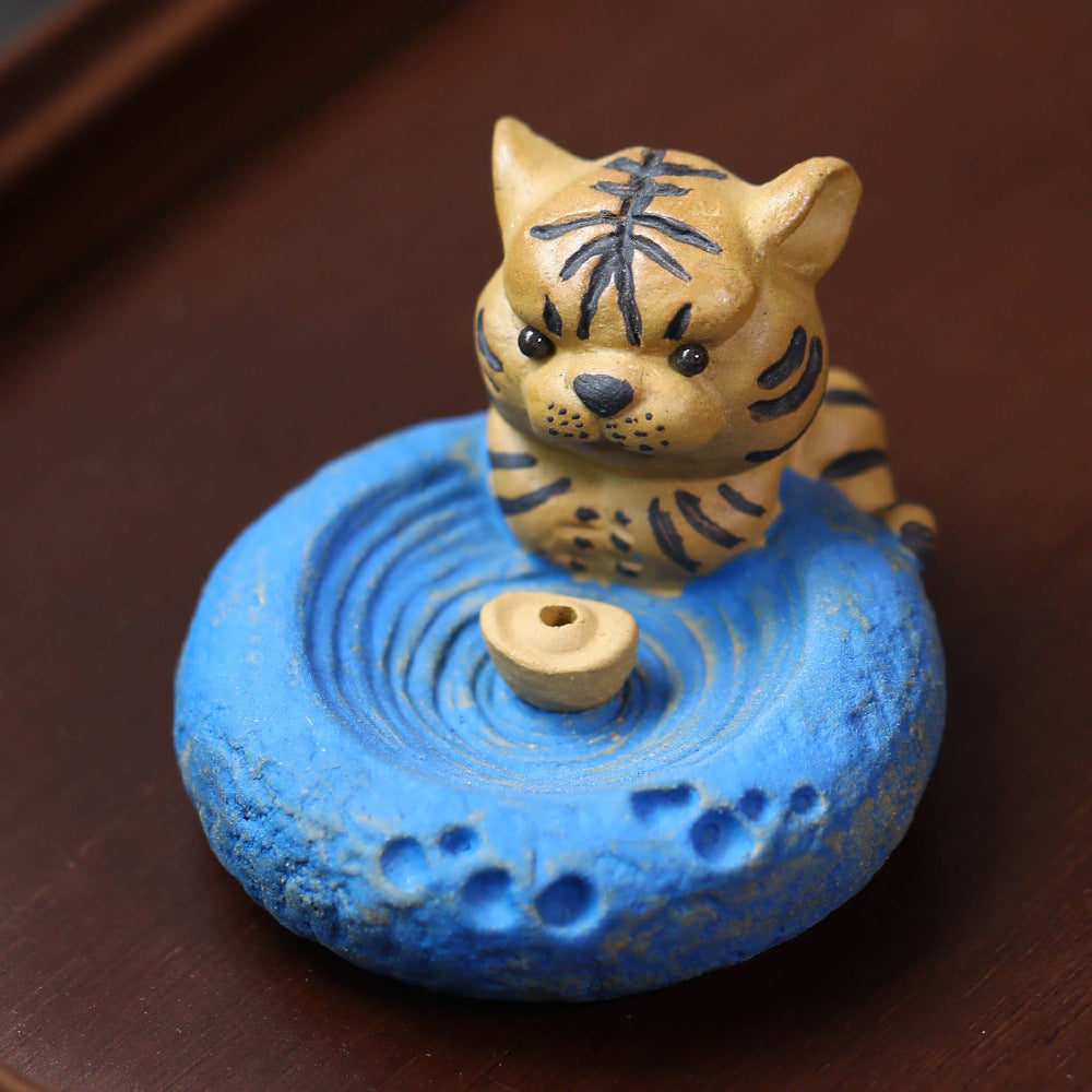 Purple Clay Tea Pet Sheep Ornament Handmade Zodiac Incense Holder